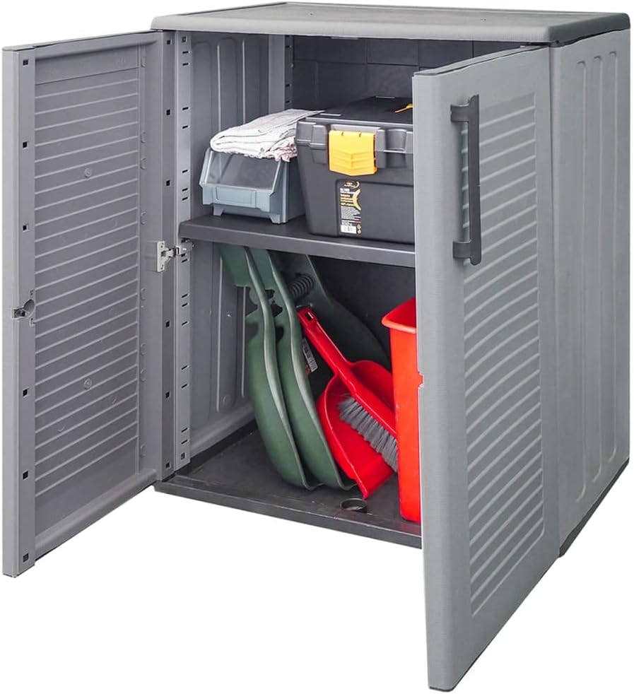 Garden Storage Cabinet, Gray and Black, 26.8'x14.6'x33.1' Weather-Resistant PP, Adjustable Shelves for Outdoor Patio Organization