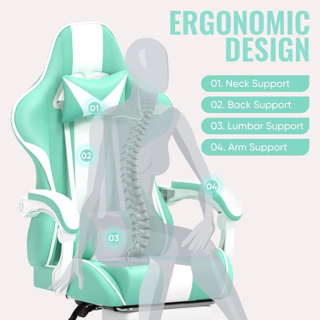 Ferghana Gaming Chairs, Ergonomic Racing Style PC Game Computer Chair with Headrest Lumbar Support Adjustable Recliner PU Leather Video Computer Chair(Light Green)