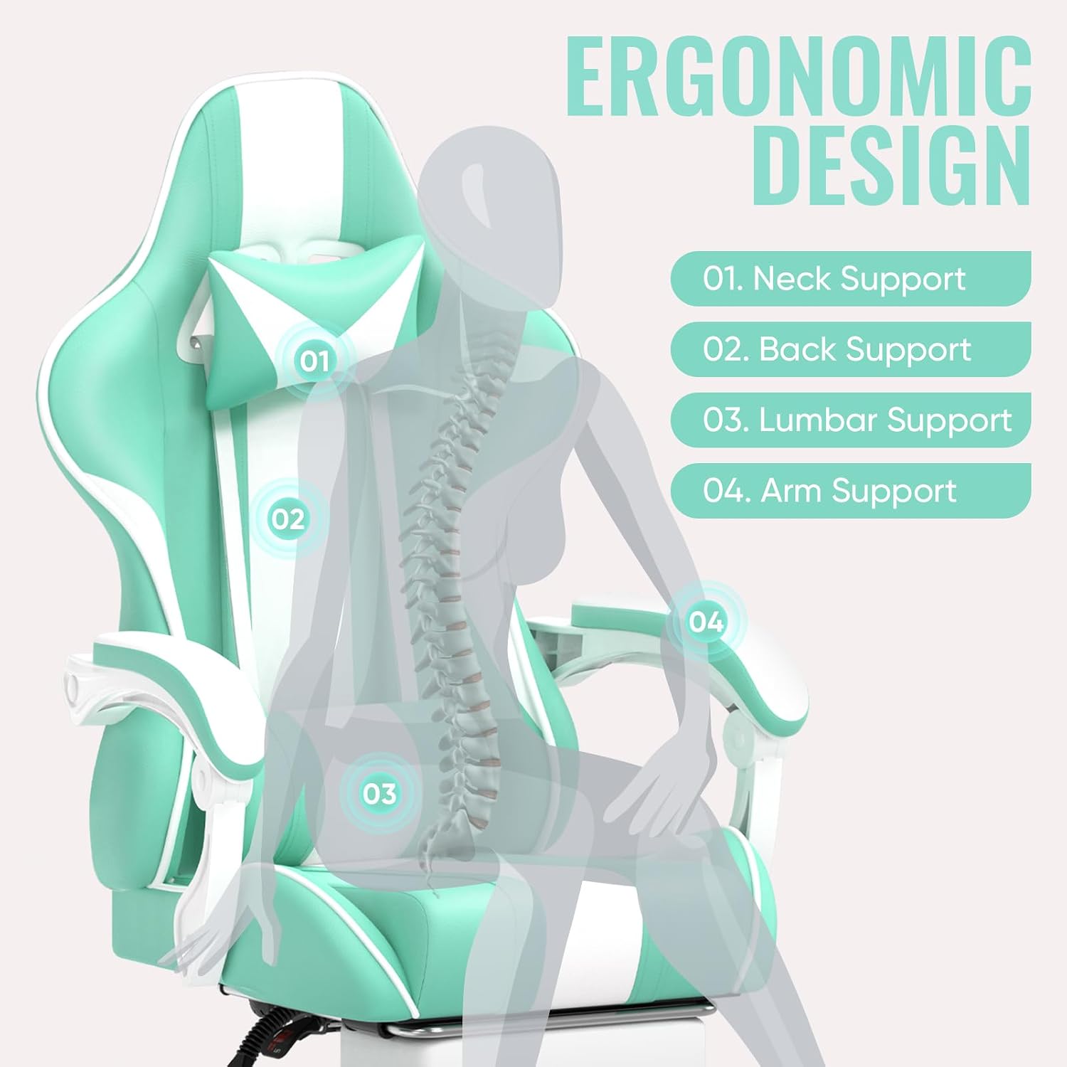 Ferghana Gaming Chairs, Ergonomic Racing Style PC Game Computer Chair with Headrest Lumbar Support Adjustable Recliner PU Leather Video Computer Chair(Light Green)