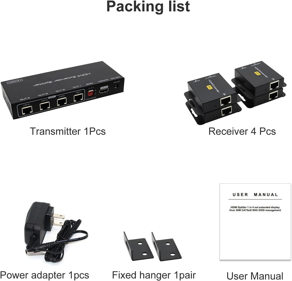 VPFET HDMI Extender Splitter Up to 165ft 1 in 4 Out Over Cat5e or 6 or 7 Repeater Balun Ethernet Sender Transmitter Receiver Support 1080p EDID Presets POC is Only Need TX Power for Work