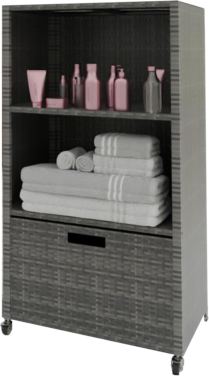HOOYEAH Pool Towel Rack Outdoor, Waterproof PE Plastic Rattan Wicker Pool Storage Bins Storage Cabinet Organizer, Poolside Towel Caddy with Rolling Wheels for Hot Tub Spa Accessories,Grey
