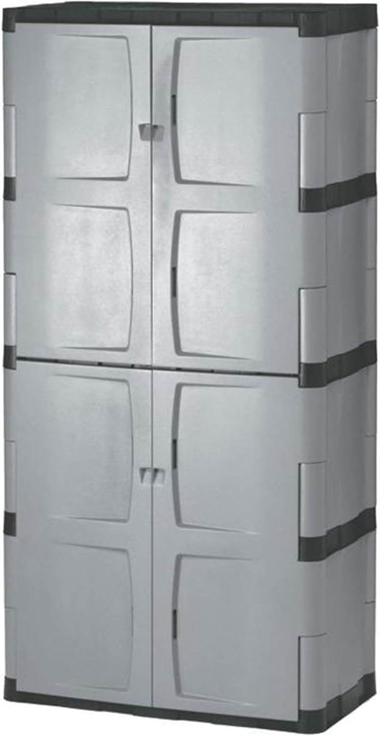 Rubbermaid Freestanding Storage Cabinet Five Shelf with Double Doors Lockable Large 690-Pound Capacity Gray For Garage/Outdoor Garden Tools/Toys/Power Tools/Pool Accessories Grey