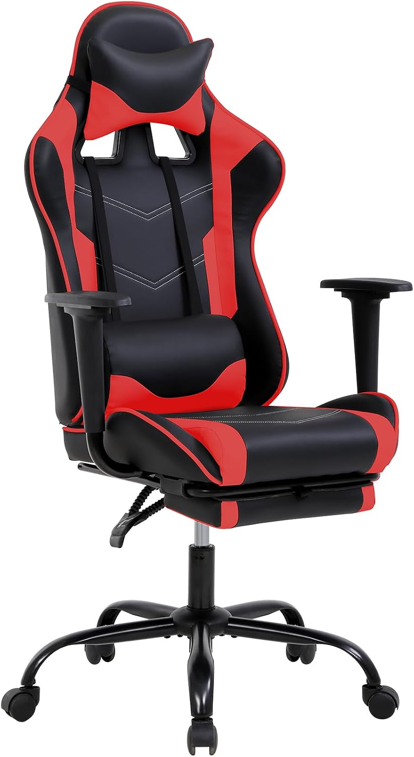 Ergonomic Gaming Chair with Footrest, High Back PU Leather Office Desk Chair for Adults Teens, Rolling Swivel Computer Chair (Red)