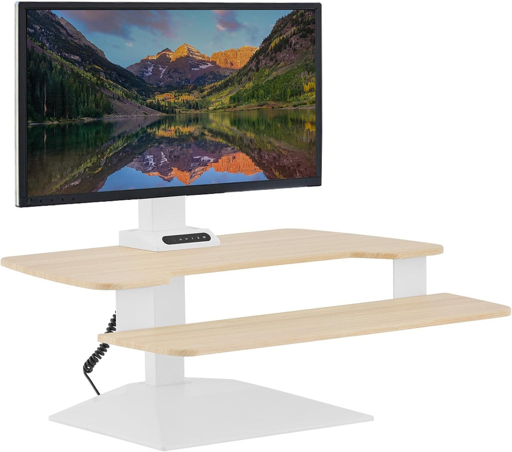 Vari VariDesk Premier Electric Converter - Standing Desk Height Adjustable Riser - Stand Up Converter for Home Office Workspace - Single Monitor Mount Computer Workstation (Light Wood)