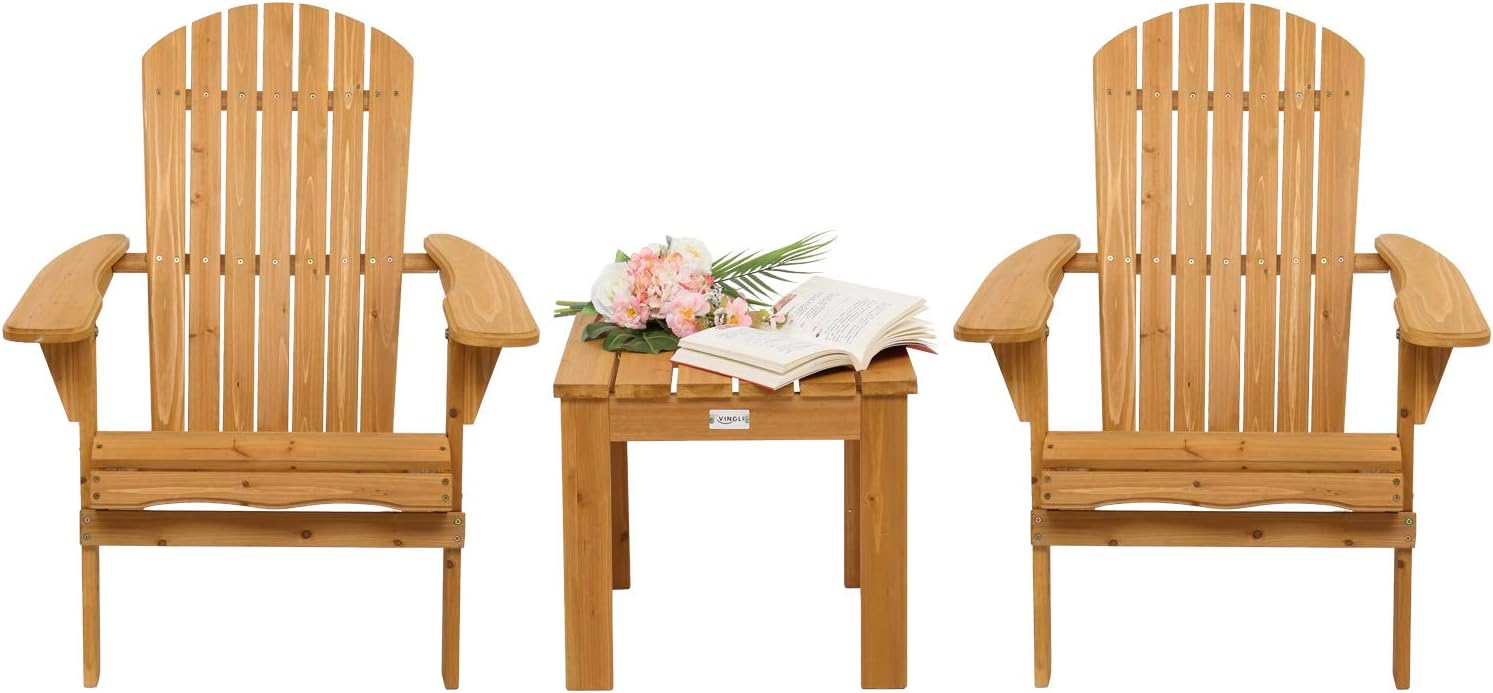 VINGLI Folding Wooden Adirondack Chair Set of 2 and Table Set, Fire Pit Seating Ergonomic Design, Folding Outdoor Patio Lounger Armchair Lawn Chairs Furniture w/Natural Finish, for Beach, Balcony