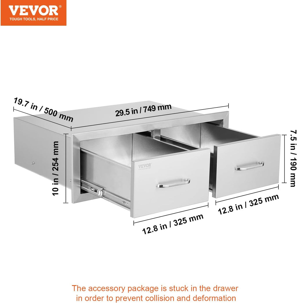 VEVOR Outdoor Kitchen Drawers 30' W x 10' H x 20' D, Horizontal Double BBQ Access Drawers Stainless Steel with Handle, BBQ Island Drawers for Outdoor Kitchens or Patio Grill Station