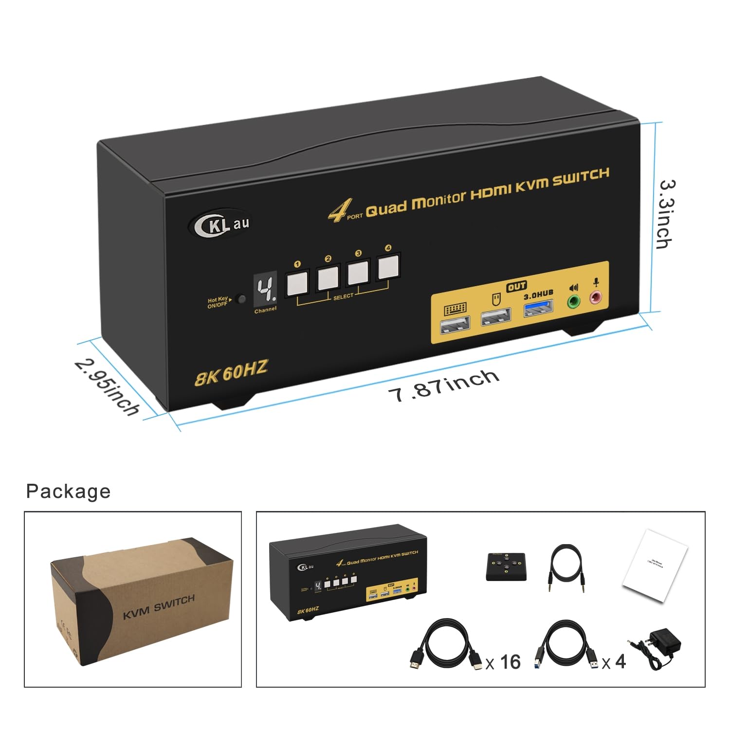 4x4 Quad Monitor KVM Switch 4 Monitors 4 Computers with Cables, Audio, Microphone, USB 3.0 Hub Supports 8K@60Hz, 4K@144Hz, Emulation EDID, Hotkey Switching, HDMI 2.1