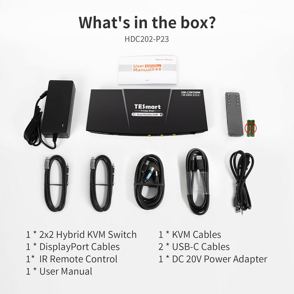 TESmart MST USB-C/HDMI/DP KVM Switch 2 Monitors 2 Computers, USB 3.0 KVM Dual Monitor for Laptop&Desktop, 4K@60Hz, 60W PD, Gigabit Network, Hotkey Switch, with Input Cables