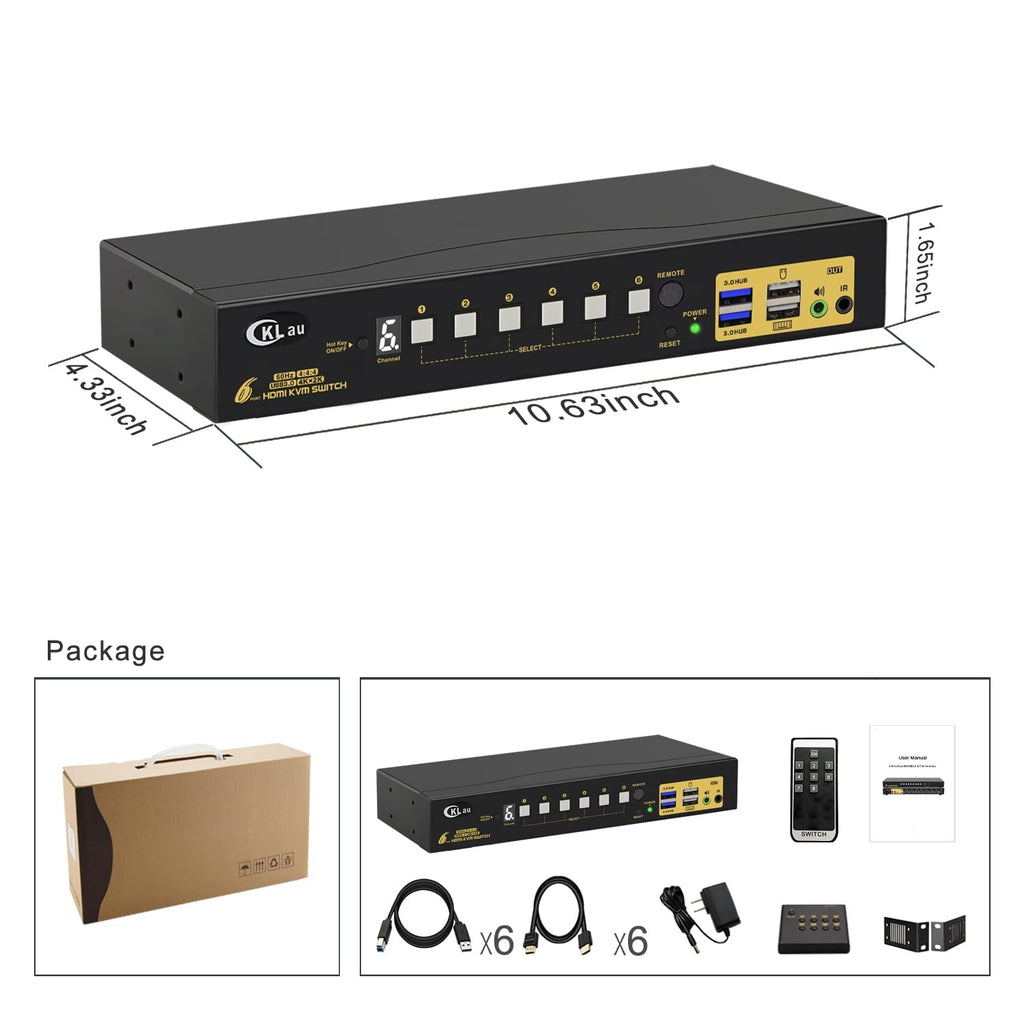 6 Port Rack Mount KVM Switch HDMI 2.0 4K60Hz with Audio, 2 pcs USB 3.0 Peripheral Hub, and Cables for 6 Computers 1 Monitor Supports Hotkey, IR Remote, Wired Remote, Manual Switching