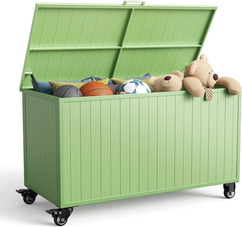 Outdoor Storage Box with Wheels 150 Gallon, Mobile Aluminum Deck Boxes Outdoor Waterproof, UV Resistant Patio Storage Box with Lid for Patio Furniture, Garden Tools, Outdoor Cushion(Green)