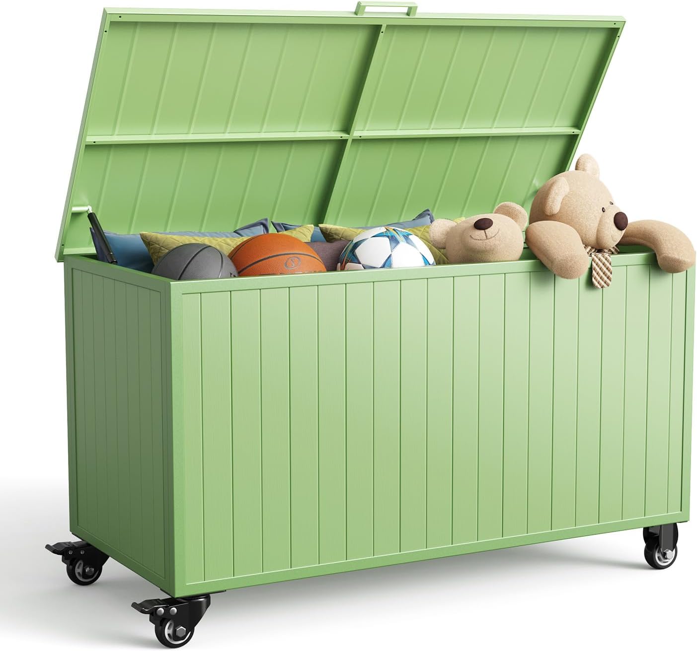 Outdoor Storage Box with Wheels 150 Gallon, Mobile Aluminum Deck Boxes Outdoor Waterproof, UV Resistant Patio Storage Box with Lid for Patio Furniture, Garden Tools, Outdoor Cushion(Green)