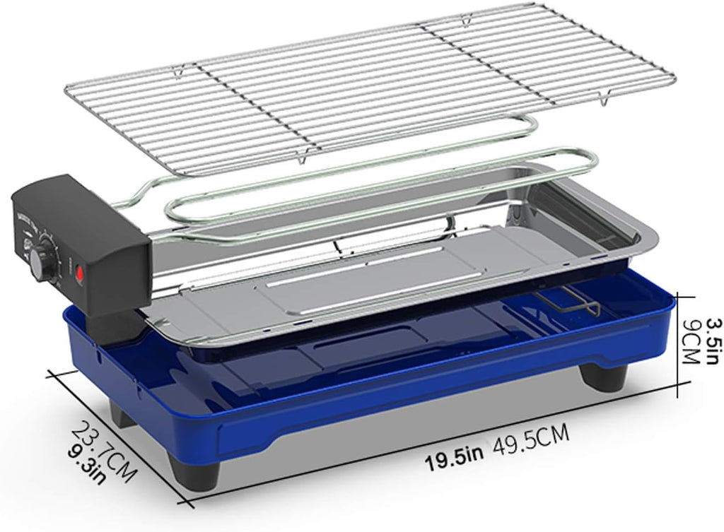Barbecue Desk Indoor Electric Grill Smokeless Grill 1500W Electric BBQ Grill and Non-Stick Grill Plates with Temperature Control Removable Drip Tray Blue Tabletop Barbecue