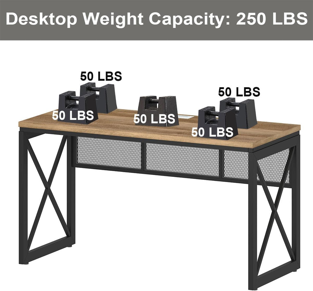 BON AUGURE Farmhouse Computer Desk, Modern Industrial Home Office Desks, Wood Metal Study Writing Table, Sturdy Gaming Desk (Vintage Oak, 54 Inch)