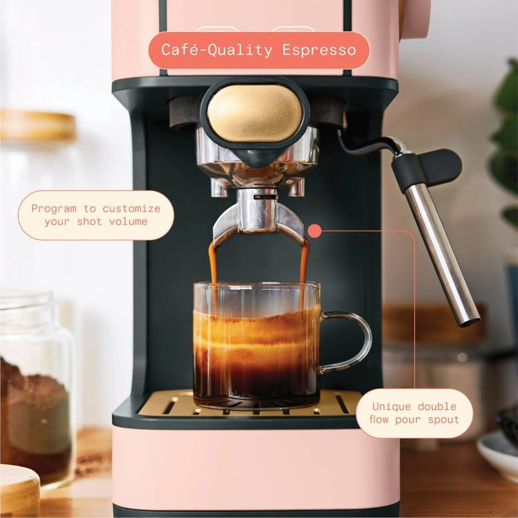 Slim Espresso Maker – 20‑Bar Pressure, Dual‑Spout 52 mm Portafilter, 50 oz Removable Tank, 2‑in‑1 Steam Wand & Touch Controls (Rose)
