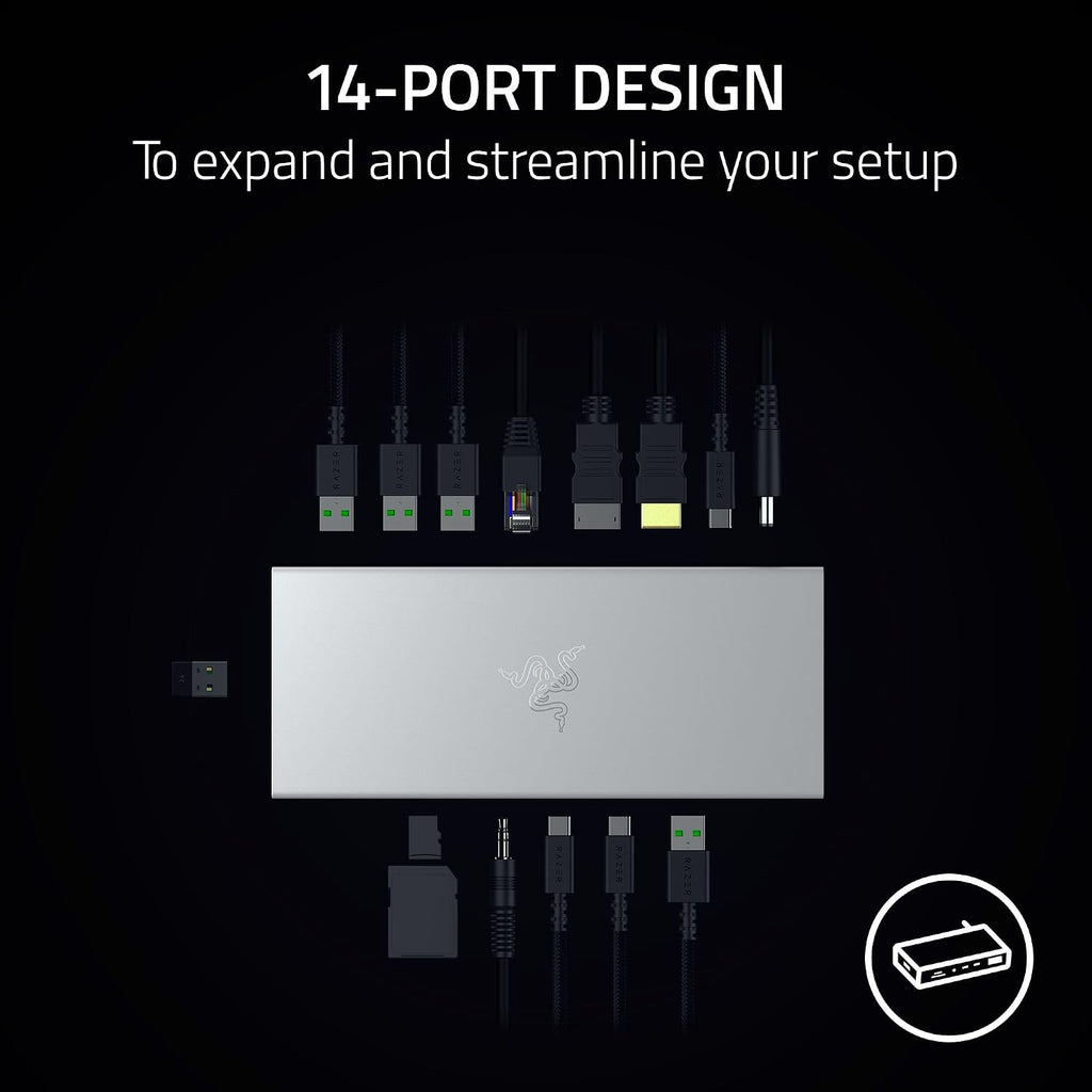 Razer USB 4 Dock: 14 Ports (Type C, Type A, HDMI, DP, Ethernet, SD, 3.5mm) - Dual Monitor Up to 4K 120 Hz - Laptop & Phone Fast Charge - Durable Lightweight Casing - Windows & Mac Compatible - Mercury