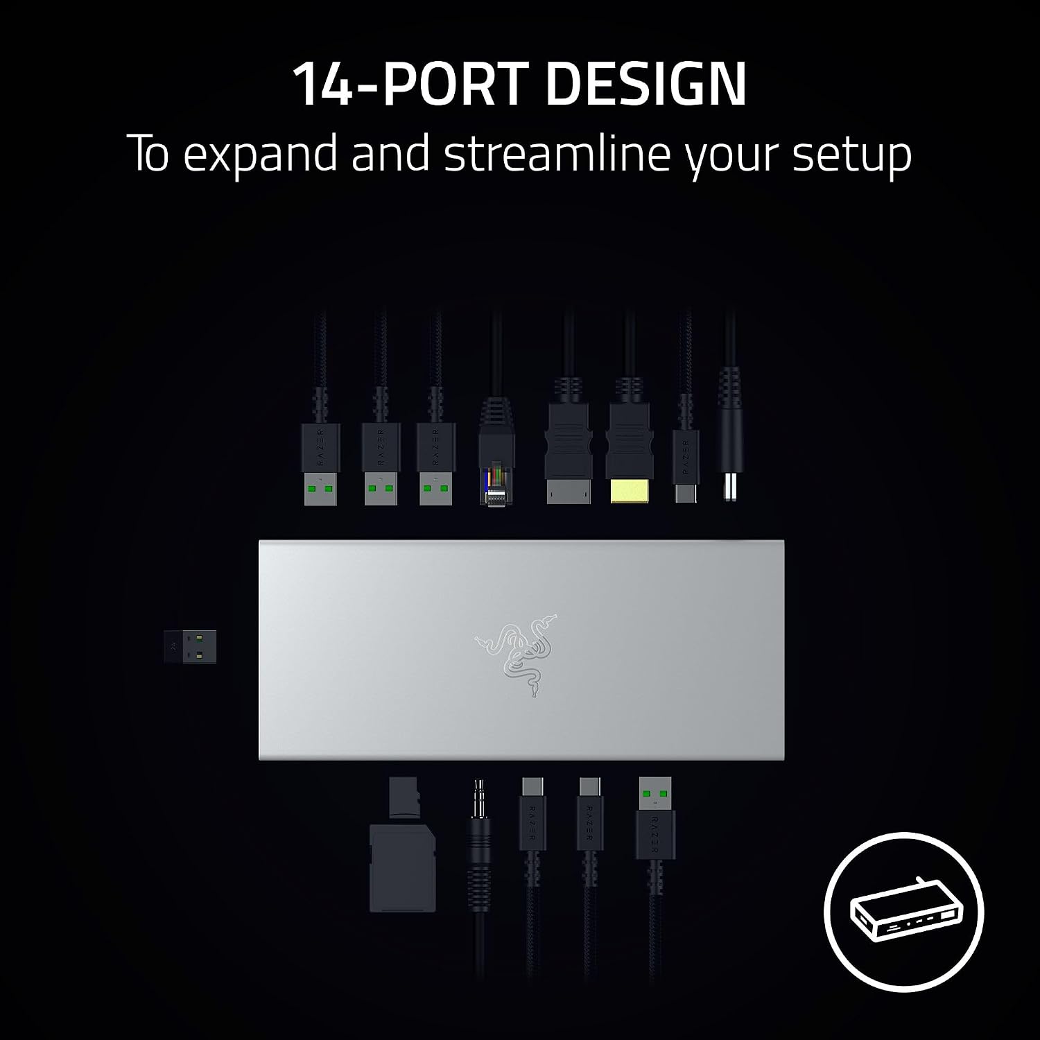 Razer USB 4 Dock: 14 Ports (Type C, Type A, HDMI, DP, Ethernet, SD, 3.5mm) - Dual Monitor Up to 4K 120 Hz - Laptop & Phone Fast Charge - Durable Lightweight Casing - Windows & Mac Compatible - Mercury