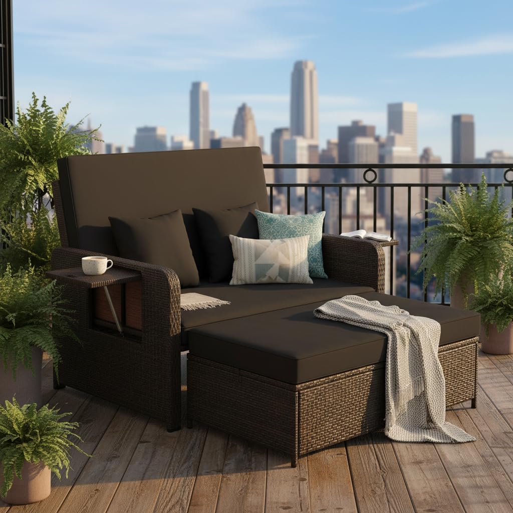 Tangkula Patio Rattan Daybed with 4-Level Adjustable Backrest, Outdoor PE Wicker Loveseat with Storage Ottoman & Folding Side Tray, Double Sunbed Lounger for Balcony, Backyard & Poolside, Black