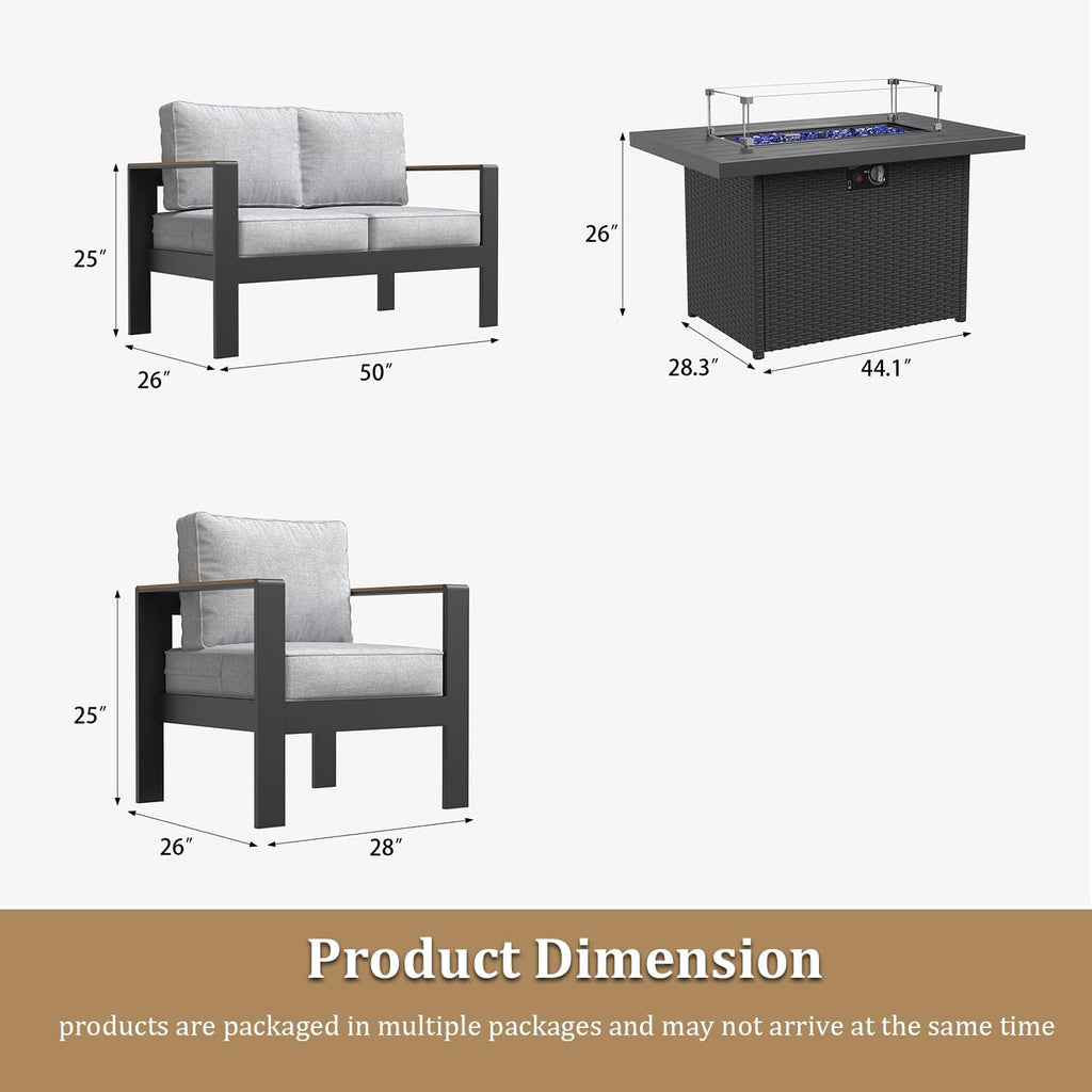 Aluminum Outdoor Patio Furniture Sets, 4 Piece Metal Patio Conversation Sets with Fire Pit with 5 Inch Cushion for Garden Backyard Deck