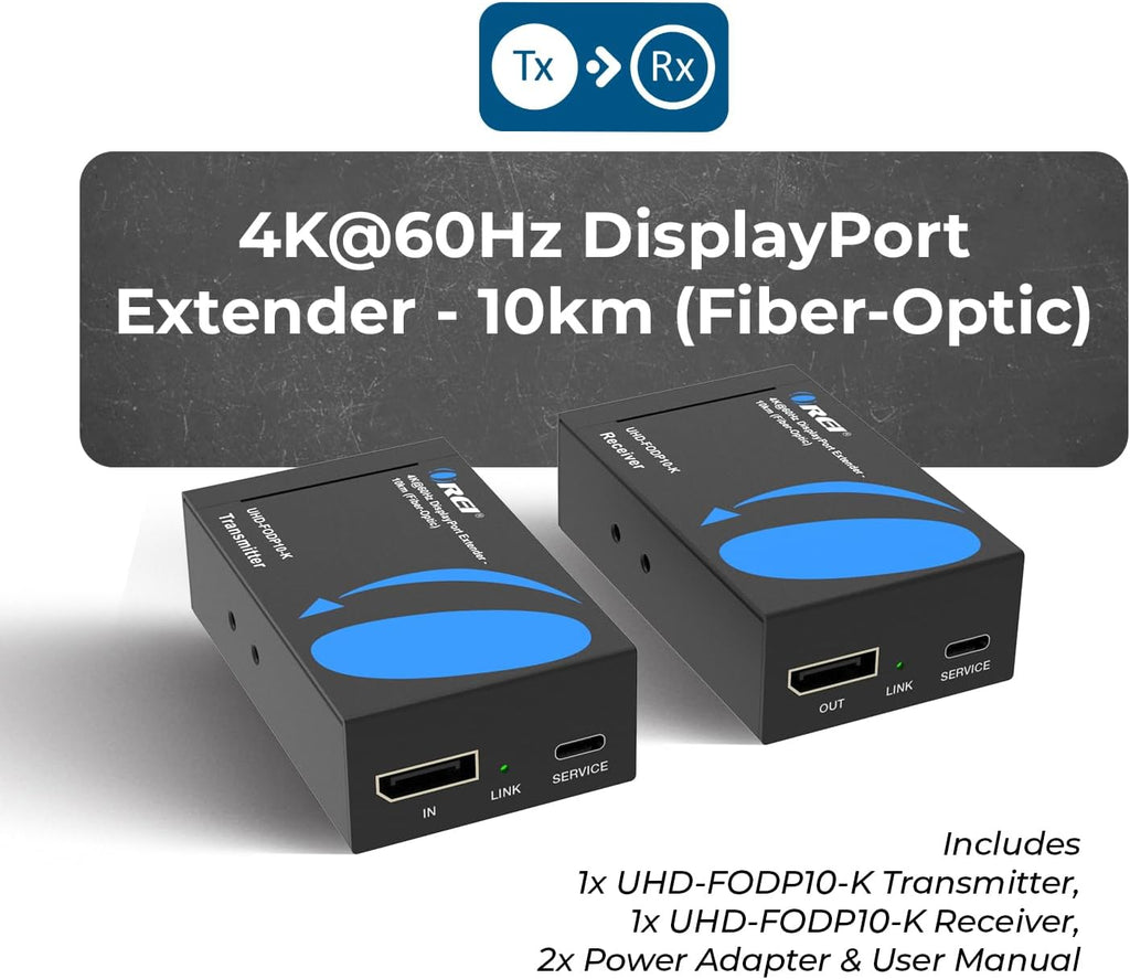 OREI 4K DisplayPort Extender Over Fiber Optic Balun - UltraHD 4K @ 60Hz 4:4:4 DR, HDR10+, SFP+ - Up to 10 KM in Single Mode - 300M in Multi-Mode