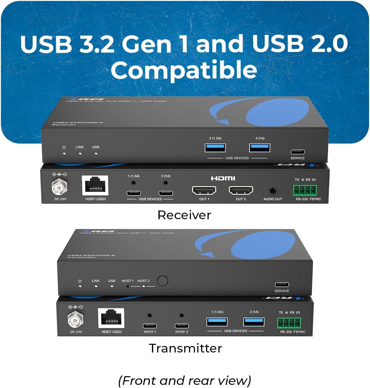 OREI SplitXtend 4K Dual Monitor Over Ethernet KVM USB 3.2 Cat6 Extender LAN Upto 330 Feet - DisplayLink HDMI Dual Host Extends 2X USB-C/ 2X USB-A - RS-232, PoC