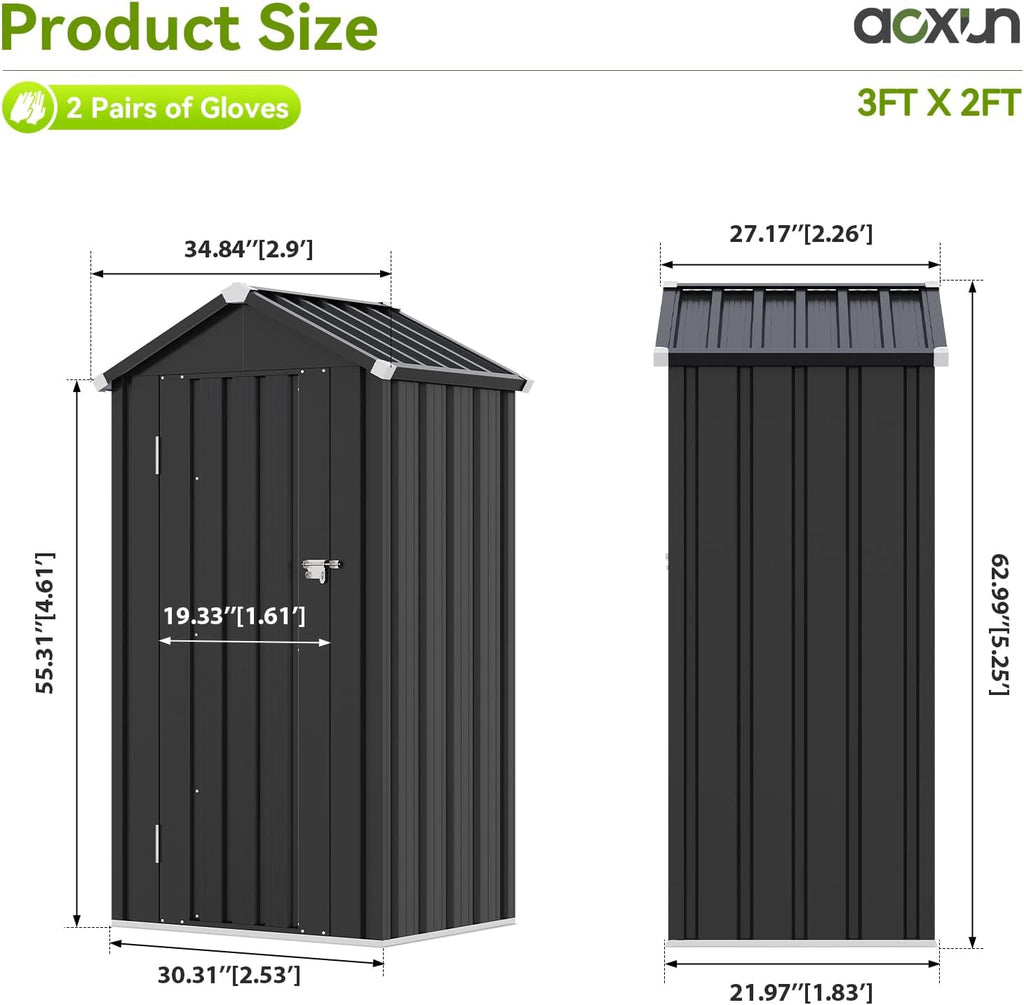Aoxun Vertical Metal Tool Cabinet 2.5x2FT, 21 Cu.Ft Weatherproof Outdoor Storage Shed with Floor & Adjustable Shelves, Space-Saving Design for Garden, Garage, Patio