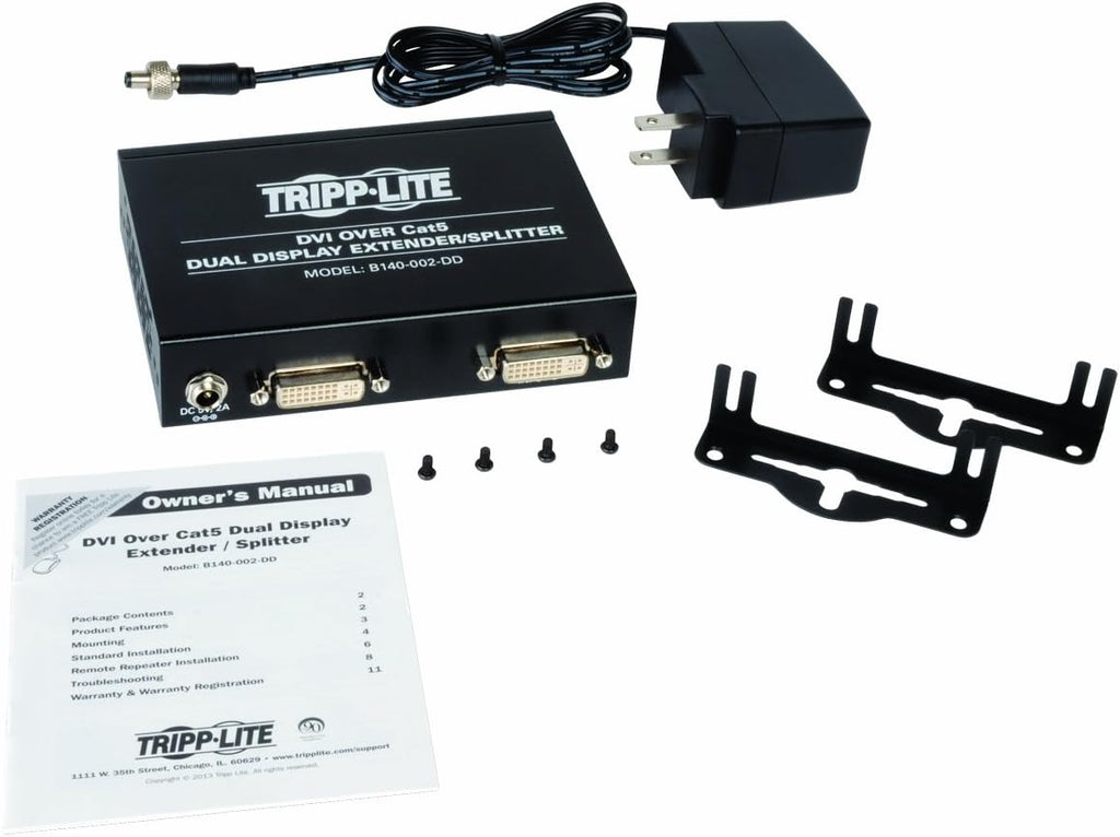 Tripp Lite 2-Port Dual Display DVI over Cat5 / Cat6 Extender Splitter, Transmitter 1920x1080 at 60Hz(B140-002-DD)