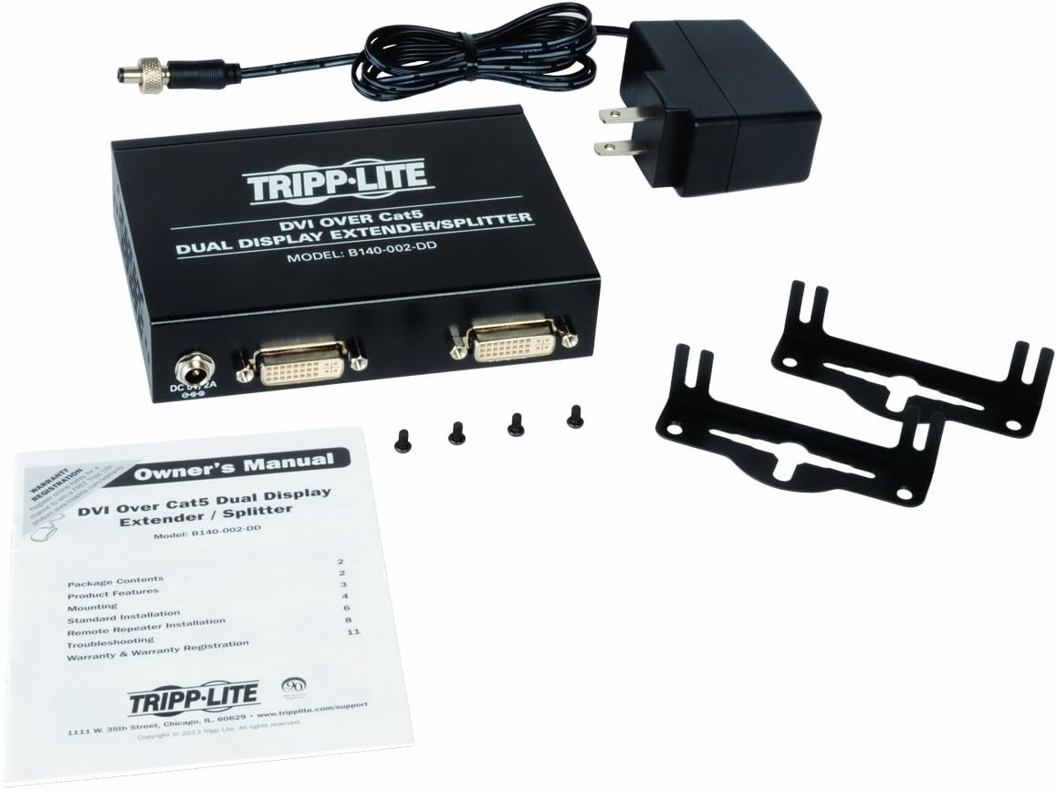 Tripp Lite 2-Port Dual Display DVI over Cat5 / Cat6 Extender Splitter, Transmitter 1920x1080 at 60Hz(B140-002-DD)