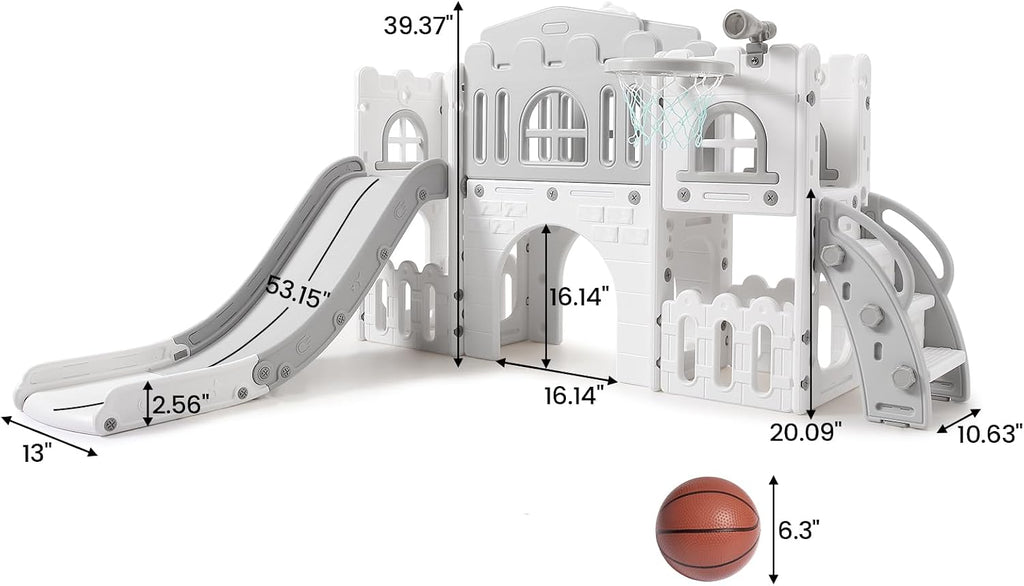 8 in 1 Toddler Slide Indoor Playground, Indoor Slide Toddler Playset for Toddlers 1-3, Kids Outdoor Playground with Basketball Hoop, Climber, Crawling Tunnel, Telescope, Toy Storage