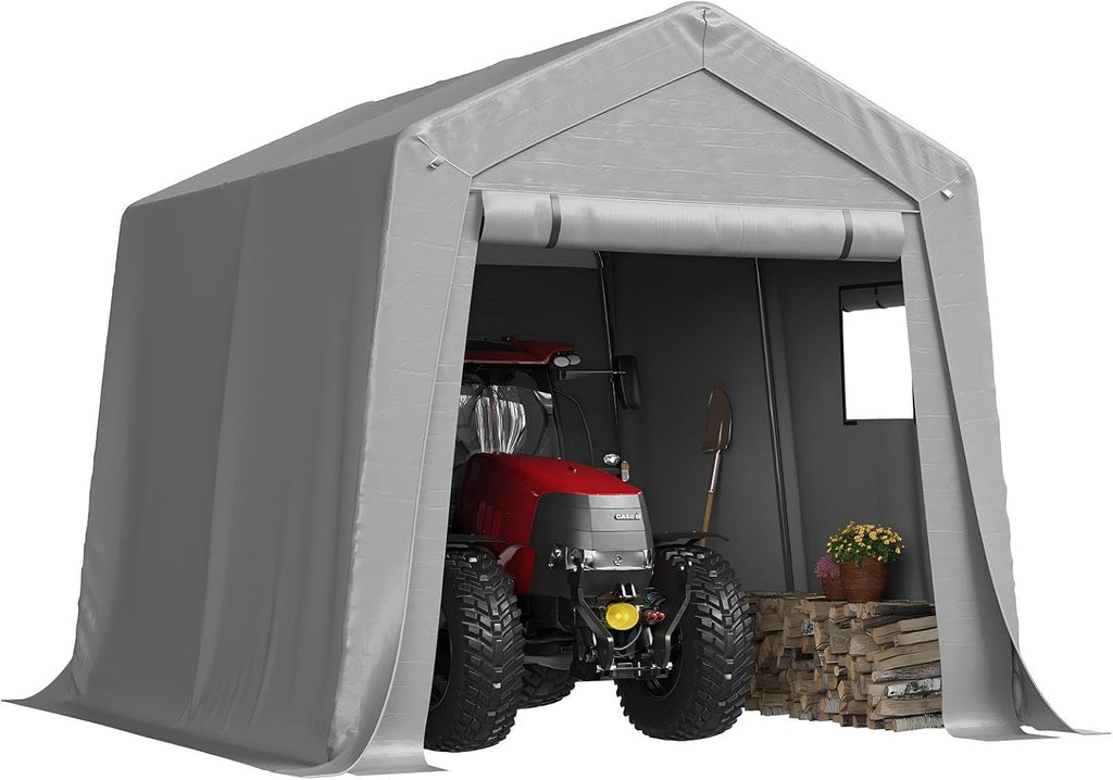 Aoxun 10x10 FT Outdoor Portable Storage Shed Tent with Roll-up Zipper Door and Window Portable Carport with Waterproof Tarp Galvanized Steel for Motorcycle, Generator, Bike Storage (Gray)