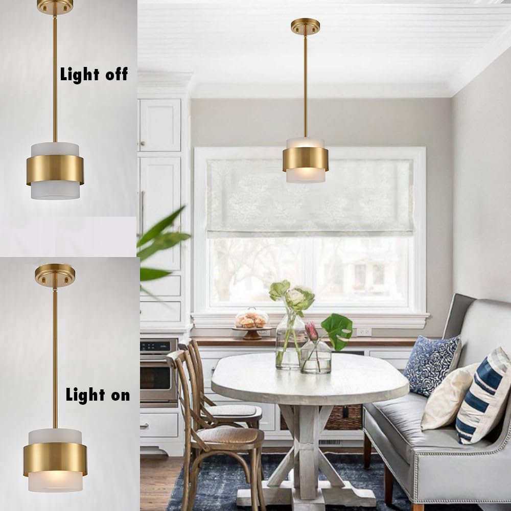 CLAXY Gold Pendant Lights mini Hanging Light Fixture with Frosted Glass Shade for Kitchen Island Dining Room Bar Restaurant, Adjustable Rod Hanging Modern Pendant Light