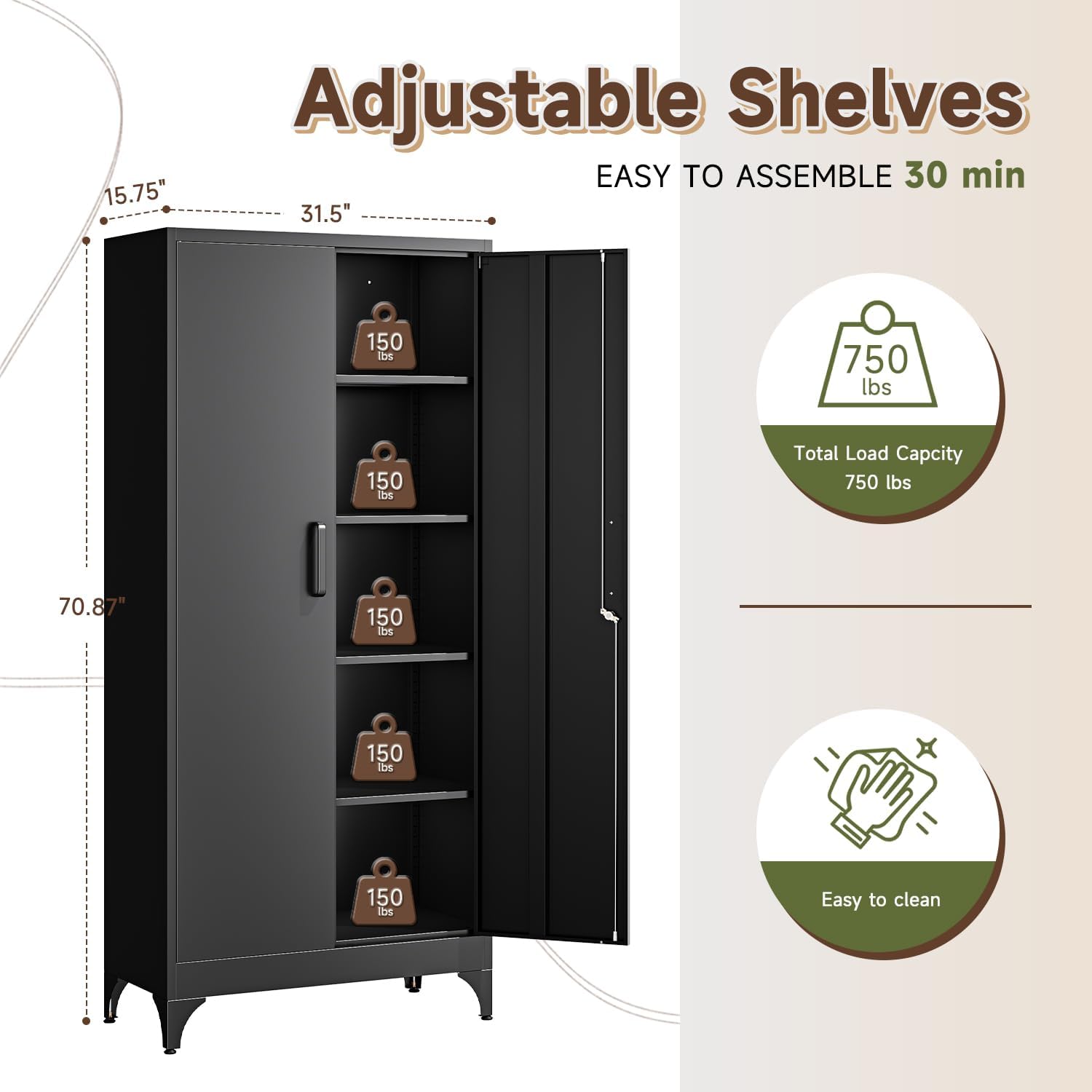 Letaya 71' H Metal Storage Cabinet with 2 Doors and 4 Shelves,Tall Kitchen Pantry Cabinets,Utility Pantry Organizers for Cupboard/Dining/Bathroom/Home Office/Garage, Steel Tool Cabinets
