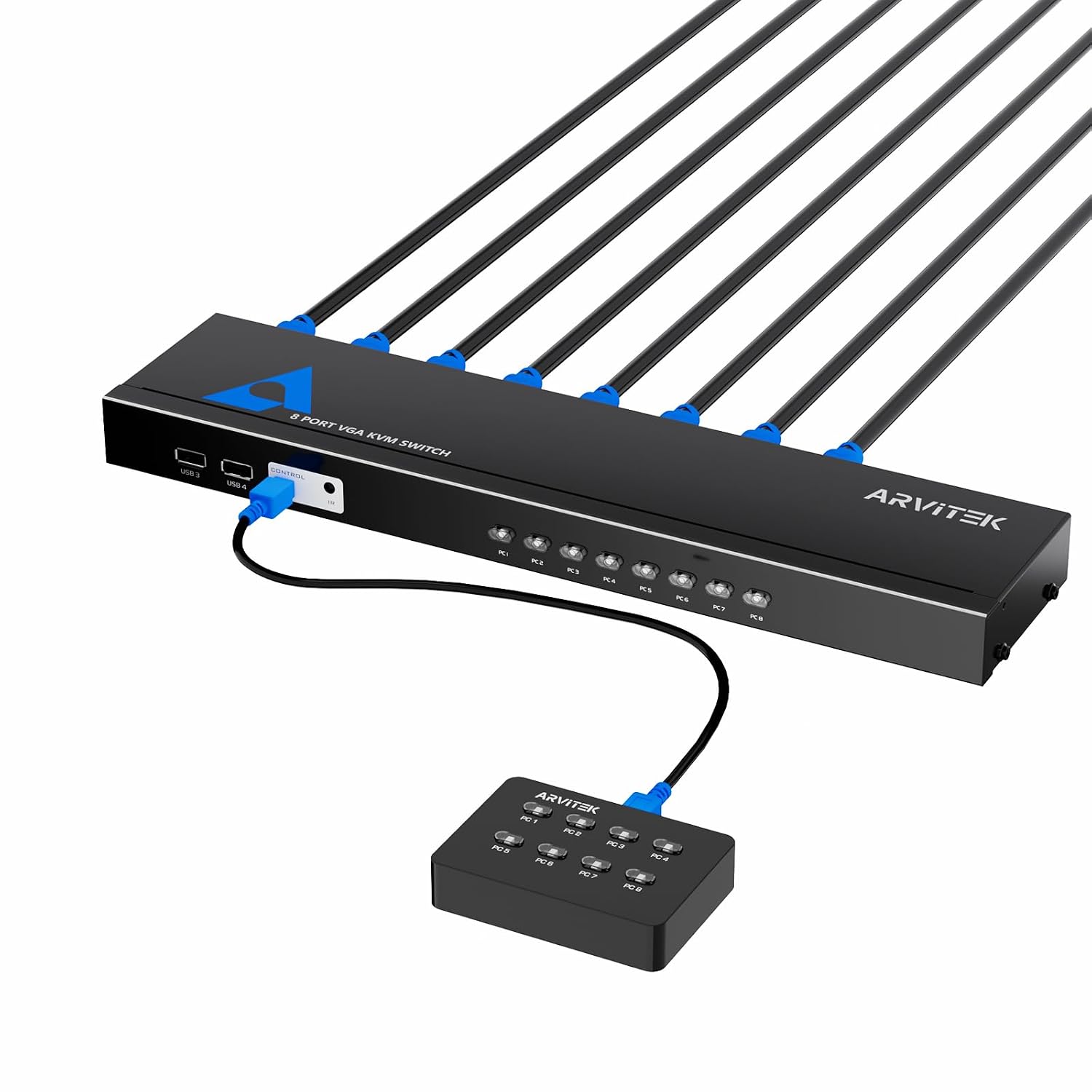 8 Port HDMI KVM Switch,1U Rack Mount KVM, 4K@30Hz, Includes 8 HDMI KVM Cables, Remote, 4 USB 2.0 Port, Wired Desktop Controller