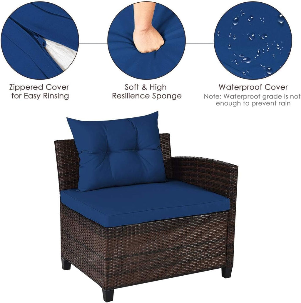 HAPPYGRILL 4 Pieces Rattan Patio Conversation Set, Outdoor Wicker Furniture Set with Cushioned Sofas and Coffee Table, L-Shape Sectional Curved Sofa Set for Garden Poolside Balcony