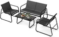Tangkula 4 Piece Patio Furniture Set, Outdoor Metal Conversation Chair & Coffee Table Set with Mesh Seat Fabric & Tempered Glass Tabletop, Outside Bistro Set for Backyard, Porch, Poolside (1, Black)