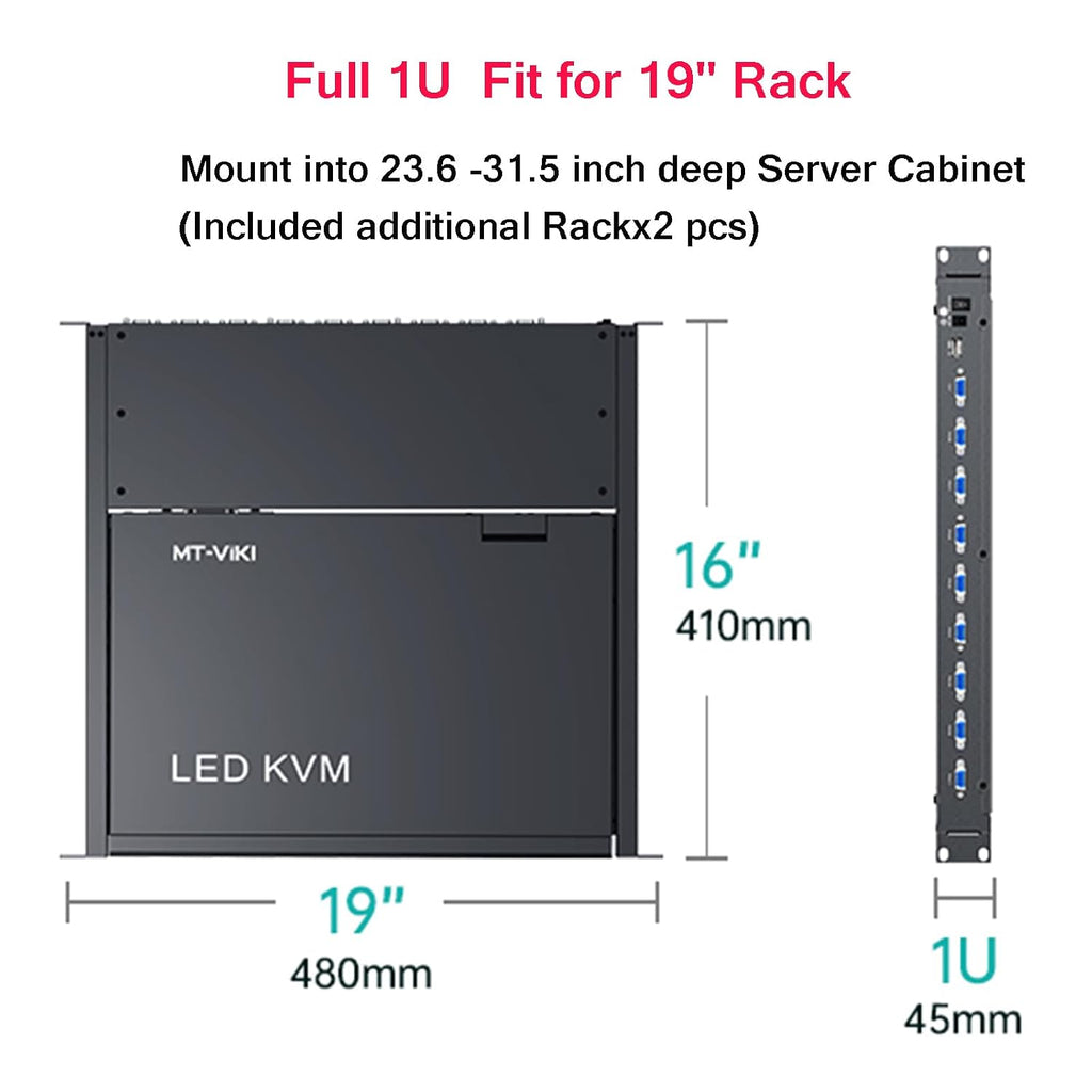 MT-VIKI Rack Mount KVM w/15.6' LCD Monitor, 8 Port VGA KVM Switch, 1080@60Hz 1U Integrated Monitor Keyboard, Fits 18.9' to 31.5' Deep Racks (480-800mm), Included 8 Cables for Server Room, Data Center
