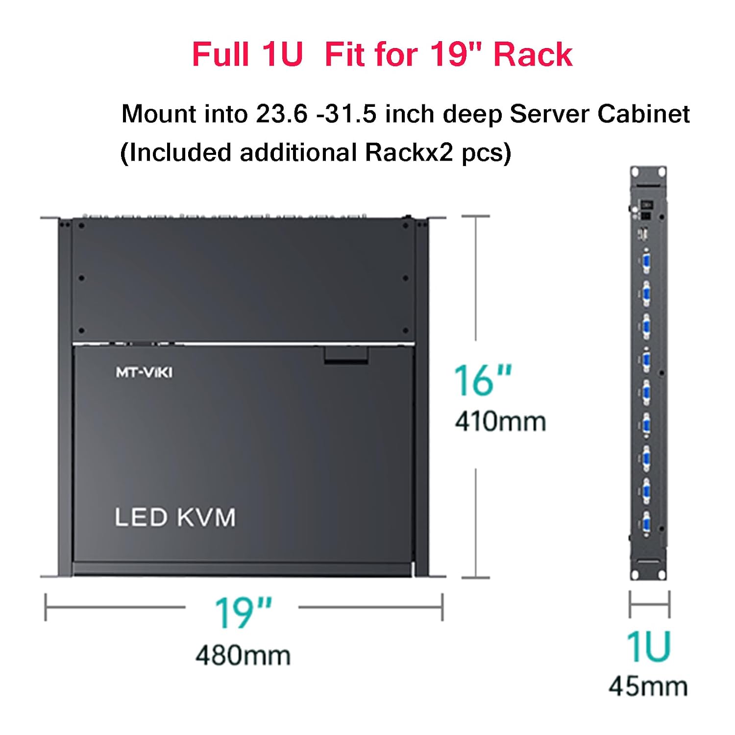 MT-VIKI Rack Mount KVM w/15.6' LCD Monitor, 8 Port VGA KVM Switch, 1080@60Hz 1U Integrated Monitor Keyboard, Fits 18.9' to 31.5' Deep Racks (480-800mm), Included 8 Cables for Server Room, Data Center