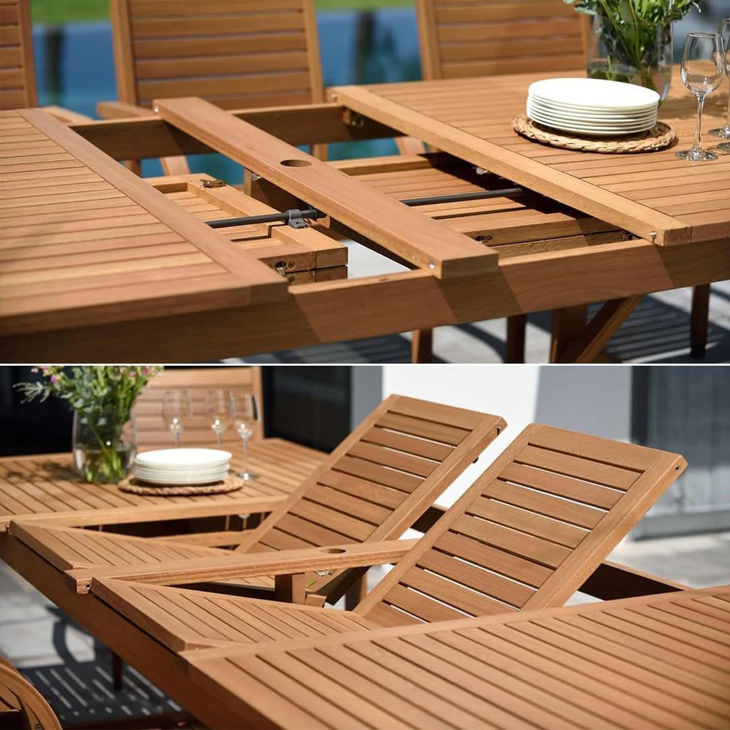 Urban Elements Frida Rectangular Extendable Patio Furniture Set | 100% Certified Teak Finish | Backyard Furniture, Outside Table and Chairs, Rectangular Outdoor Dining Set (White, 13-Piece)