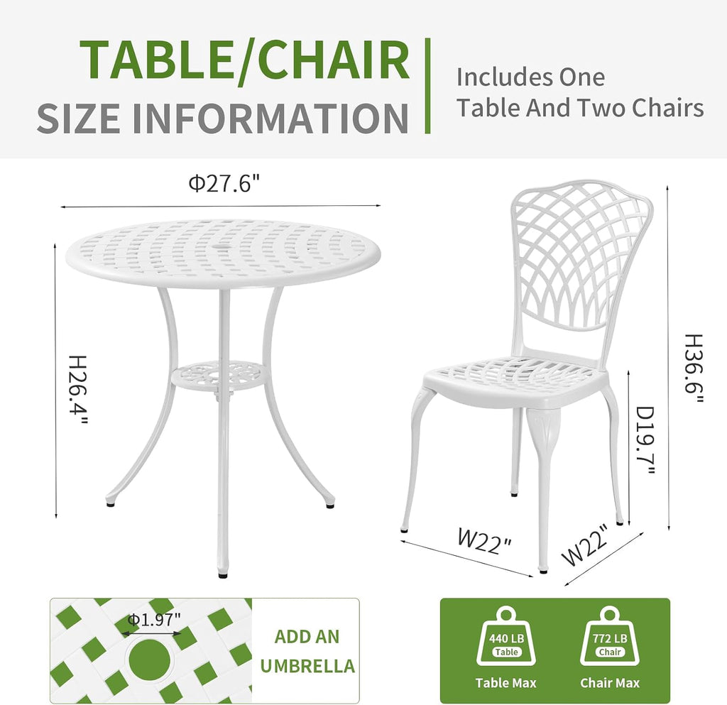 Bistro Set 3 Piece Outdoor Patio Bistro Set with Umbrella Hole, Rust Resistant White Bistro Table and Chairs Set of 2 Cast Aluminum Furniture for Porch Garden White