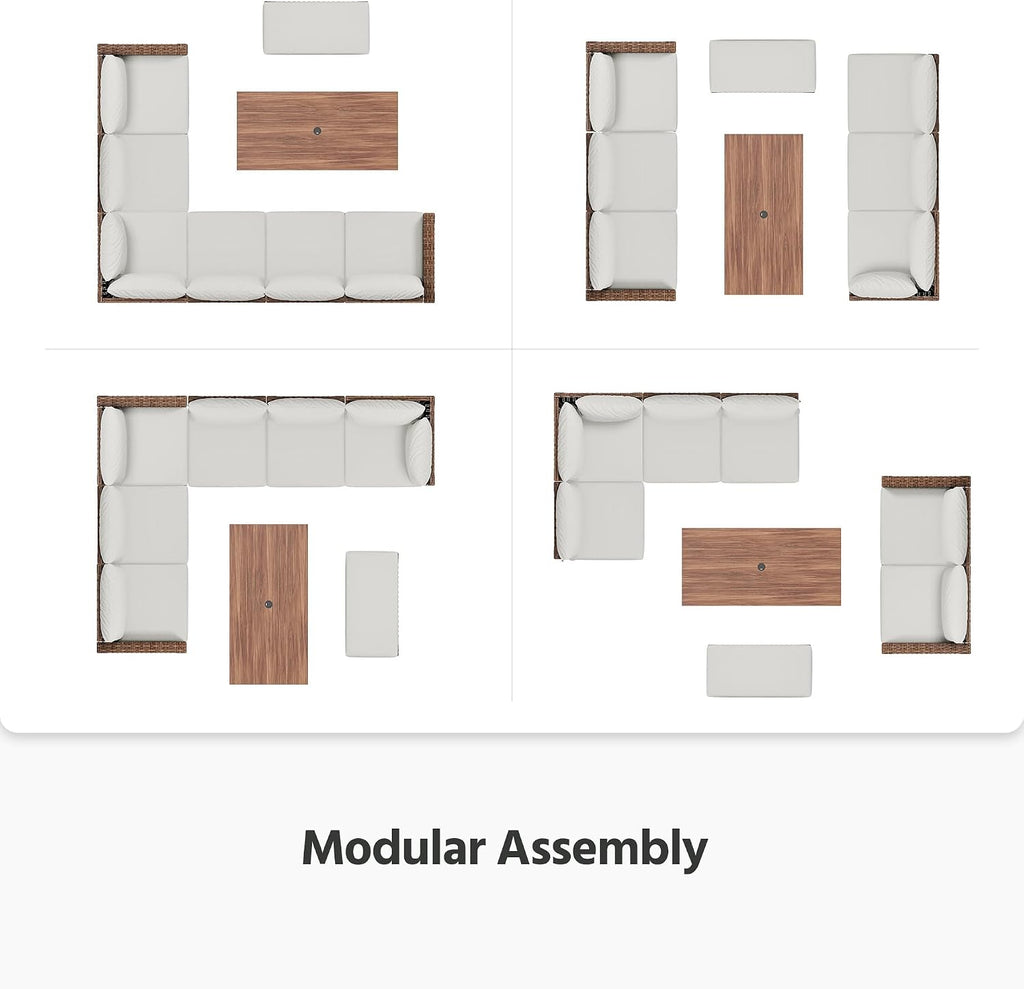LAUSAINT HOME 8 Pieces Outdoor Patio Furniture Set, PE Wicker Sectional Conversation Sofa with Adjustable Backrests, Storage Ottoman & Wood Table with Umbrella Hole, Beige