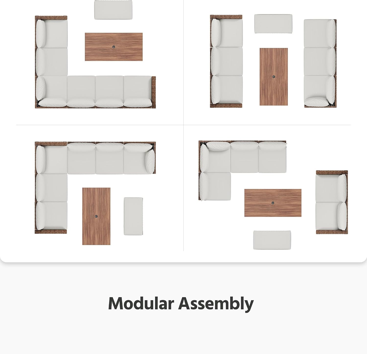 LAUSAINT HOME 8 Pieces Outdoor Patio Furniture Set, PE Wicker Sectional Conversation Sofa with Adjustable Backrests, Storage Ottoman & Wood Table with Umbrella Hole, Beige
