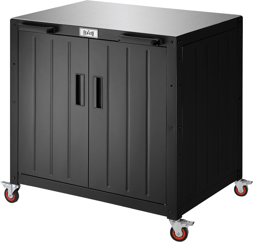 Feasto Outdoor Grill Cart with Storage Cabinet and Stainless Steel Top, 35-Inch Outdoor Grill Station with Door, Modular Kitchen Island for Food Prep and BBQ, Black & Silver