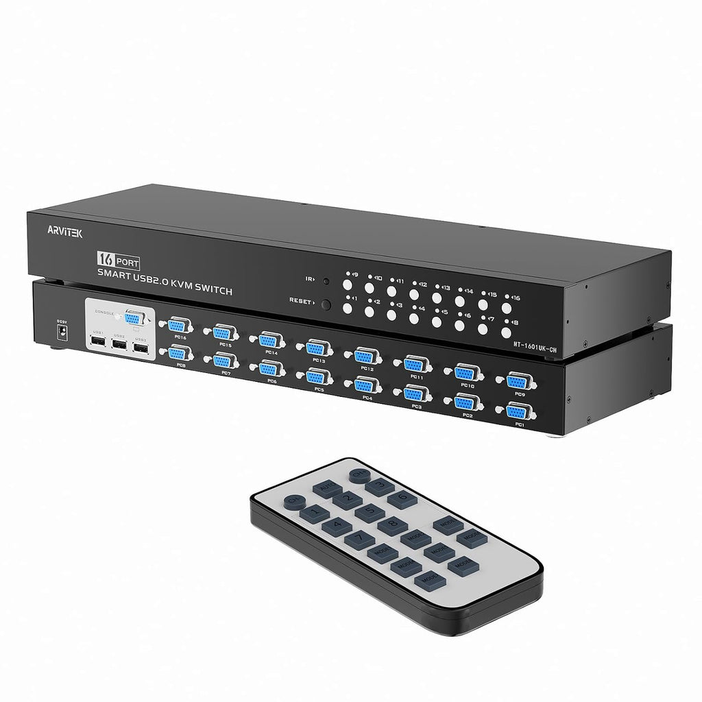 16 Port KVM Switch VGA, 16 Computers Share 1 Set of Monitor, Keyboard, Mouse, Printer, 16 in 1 Out Rack Mount KVM with 3 USB 2.0 Port (Included 16 VGA KVM Cables + Remote)