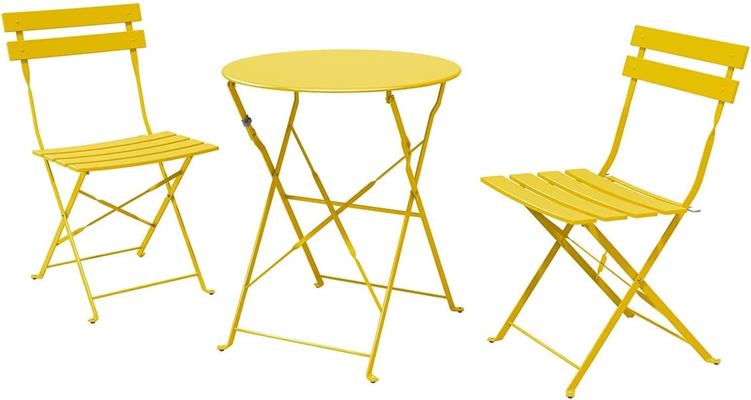 Indoor/Outdoor 3-Piece Foldable Bistro Set, Folding Outdoor Patio Furniture Sets, 2 Chairs and 1 Table, Weather-Resistant Outdoor/Indoor Conversation Set for Patio, Yellow, US001