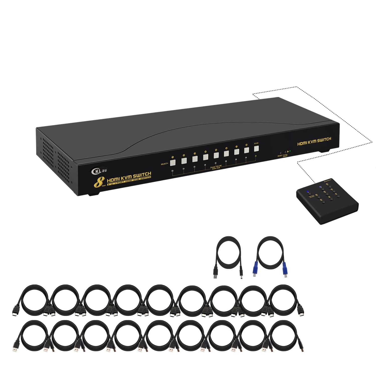 4Kx2K 8 Port HDMI KVM Switch with Cables and USB 2.0 Hub, Rack Mount KVM Switch Supports Keyboard Mouse Switching for Windows, Linux, Mac, Debian, Ubuntu, Fedora, Raspberry Pi and Ubuntu