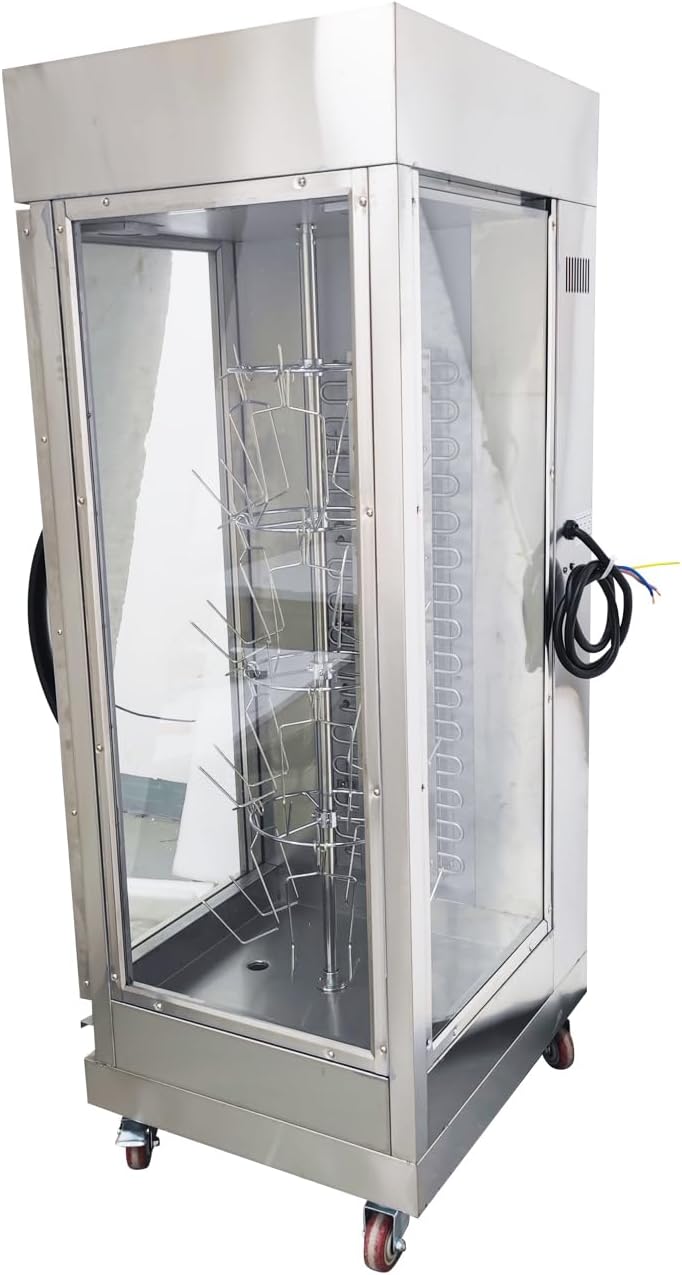 Electric Chicken Grill Machine Rotary Vertical Rotisserie Stainless Steel with Rotating Hanging Basket & Removable Oil Collection Tray 220V 7.5KW 50-300℃ for Meat Chicken Turkey