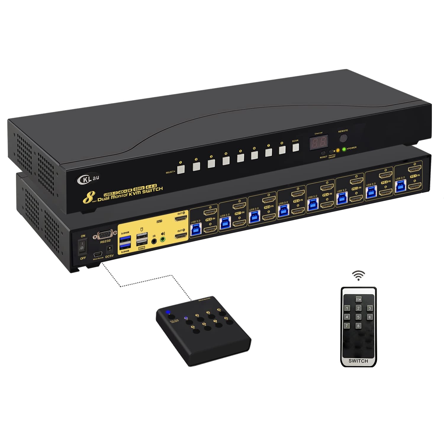 8 Port USB 3.0 Rack Mount HDMI KVM Switch Dual Monitor 4K60Hz with Audio, 2 pcs USB 3.0 Hub and Cables, Keyboard Mouse Hotkey Switcher Box Supports IR Wireless Switching