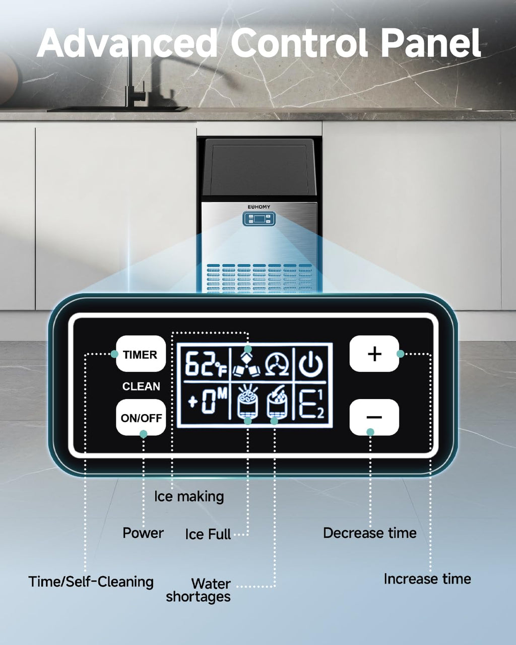 EUHOMY Commercial Ice Maker Machine, 100lbs/24H Stainless Steel Under Counter ice Machine with 33lbs Ice Storage Capacity, Freestanding Ice Maker.