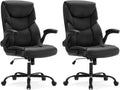 DUMOS Office Chair Set of 2 - Ergonomic Executive Computer Desk Chairs with Adjustable Flip-up Armrest, Swivel Task Chair with Lumbar Support, Strong Metal Base, PU Leather, Black