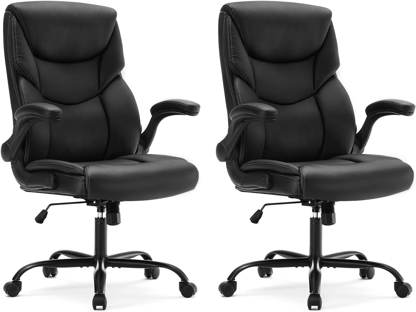 DUMOS Office Chair Set of 2 - Ergonomic Executive Computer Desk Chairs with Adjustable Flip-up Armrest, Swivel Task Chair with Lumbar Support, Strong Metal Base, PU Leather, Black