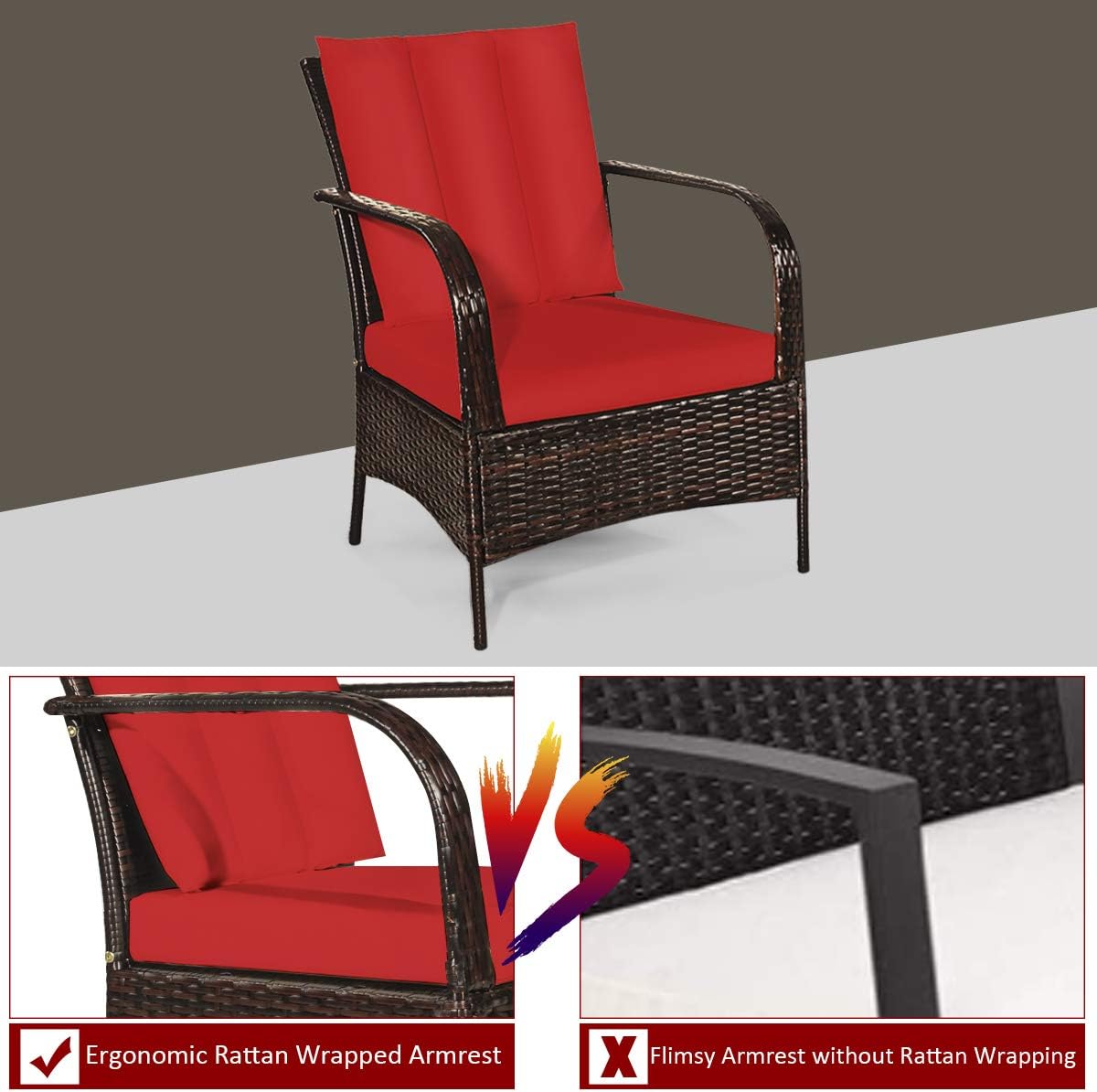 Tangkula 3 Piece Patio Furniture Set, 2 Wicker Chairs with Glass Top Coffee Table, Outdoor Garden Porch Poolside Furniture Set for 2, Rattan Conversation Set